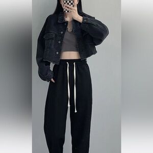 Black Cropped Denim Jacket with Hood